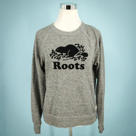 Roots Size Small S Heather Gray Flocked Velvet Graphic Logo Crew Neck Sweatshirt - Picture 1 of 6
